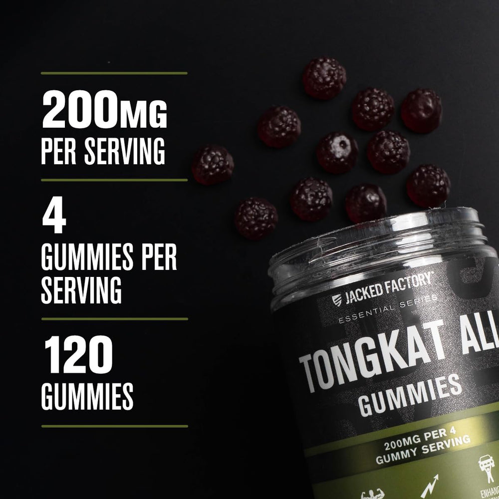 Jacked Factory Tongkat Ali Gummies serving with label shows easy daily intake.