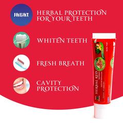Close-up of teeth whitening and fresh breath with Jagat toothpaste