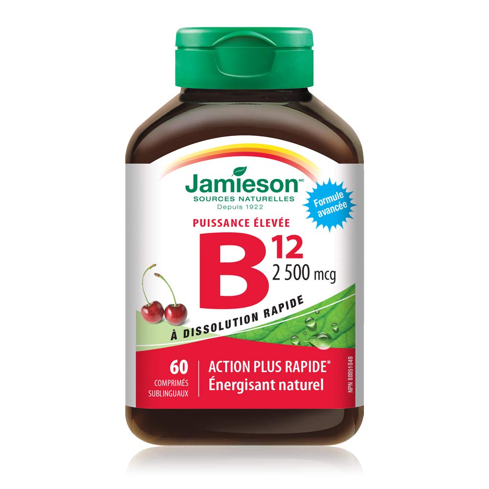 Close-up of Jamieson B12 methylcobalamin 2,500 mcg tablets