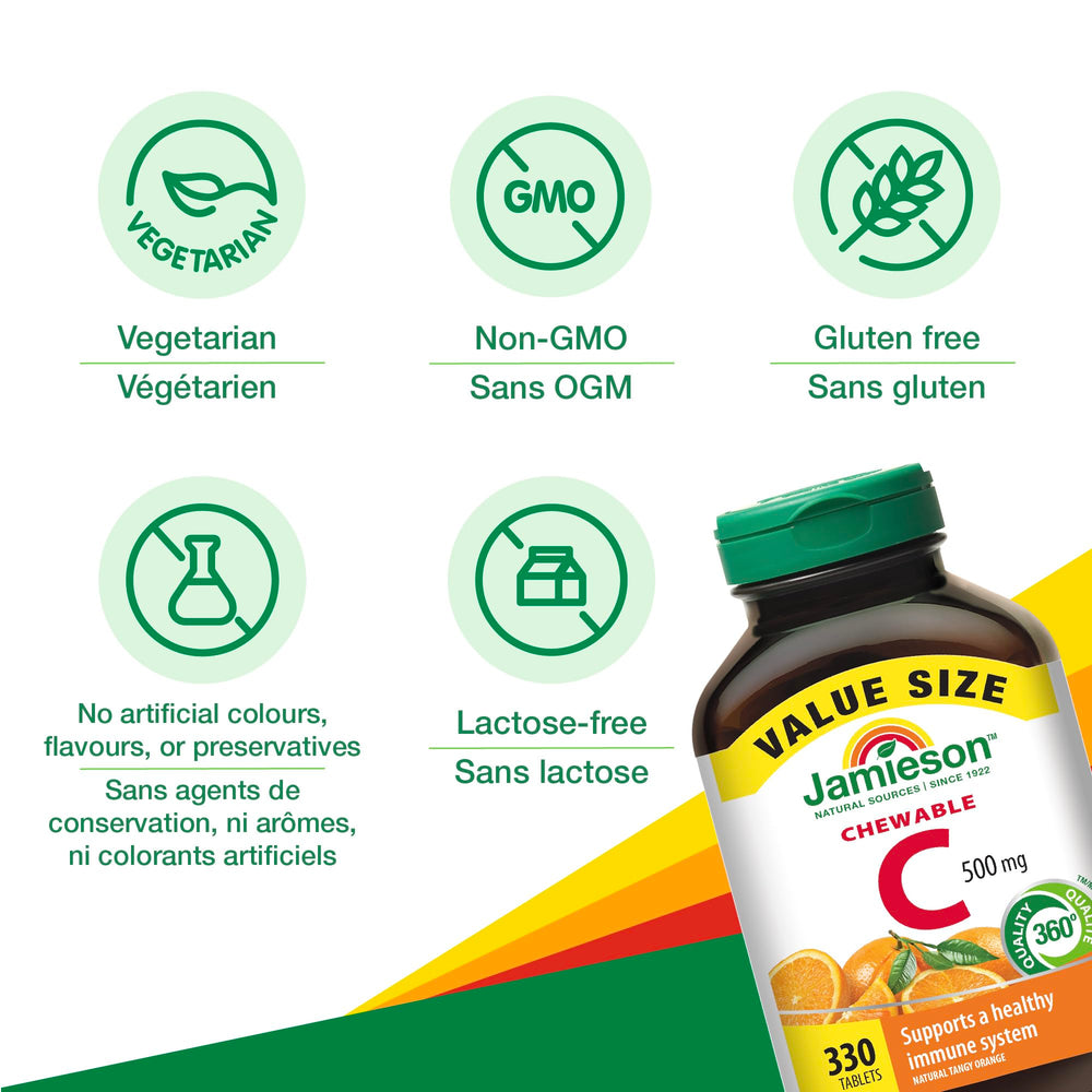 Jamieson 330-count chewable Vitamin-C packaging back panel