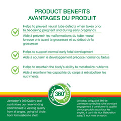 Supplement facts panel for Jamieson Folic Acid 1mg 100 Tablets