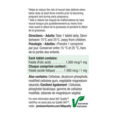 Serving directions and storage information on Jamieson Folic Acid bottle