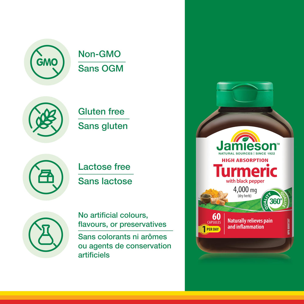 Supplement facts panel from Jamieson Curcumin Turmeric bottle