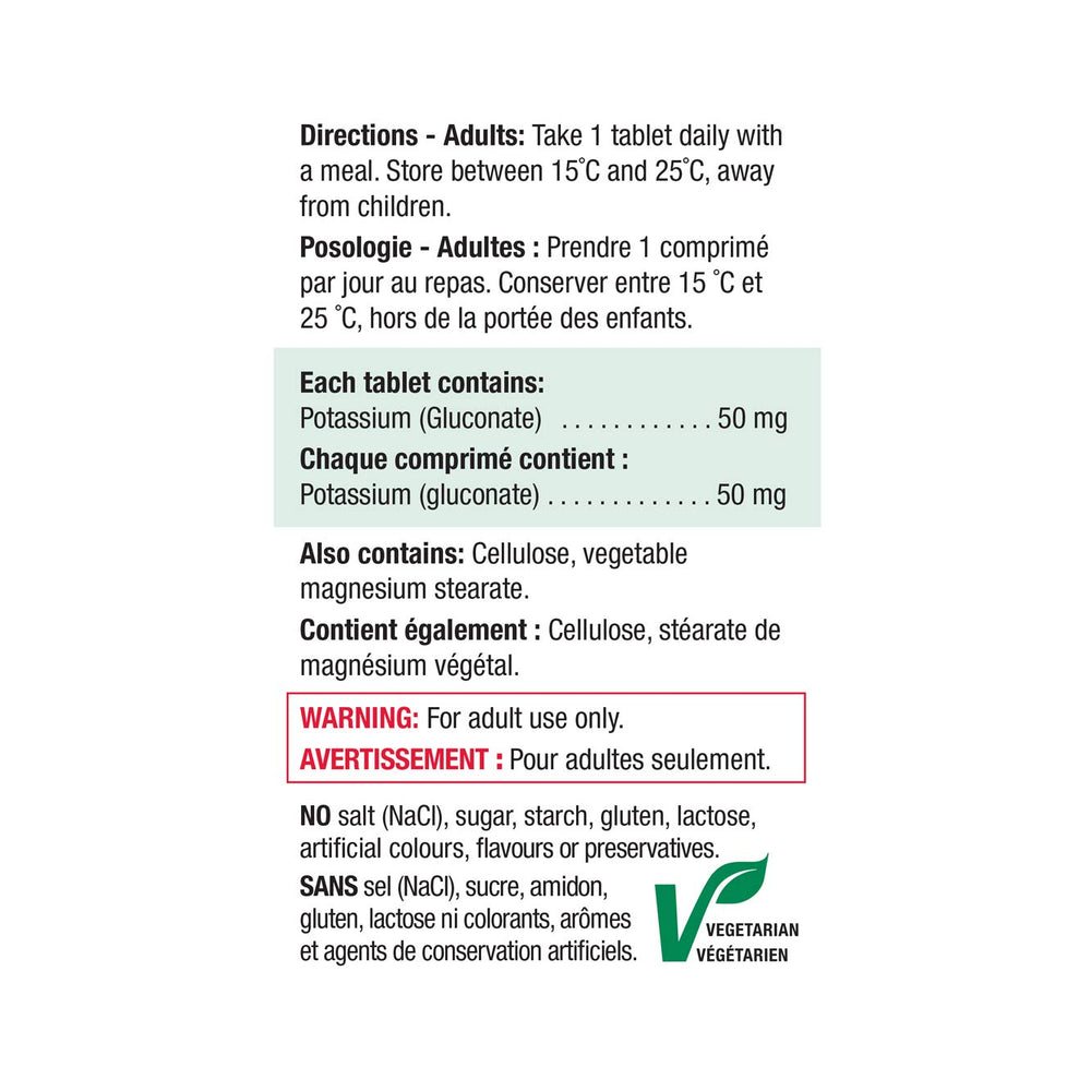 Nutrition facts panel for Jamieson Potassium 50 mg