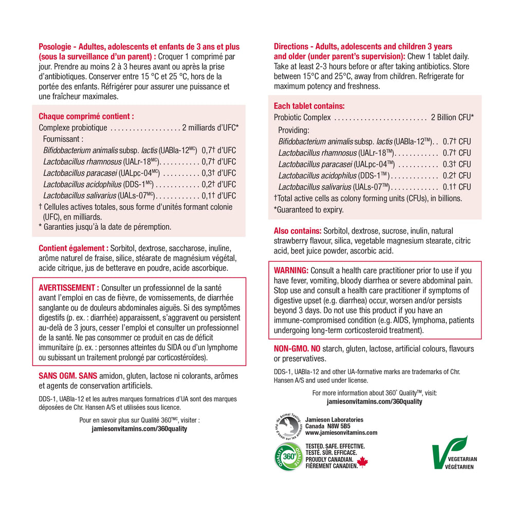 Nutrition facts and ingredients panel for Jamieson probiotic chewable