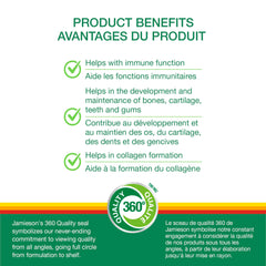 Vitamin C supplement label highlighting immune support and antioxidants