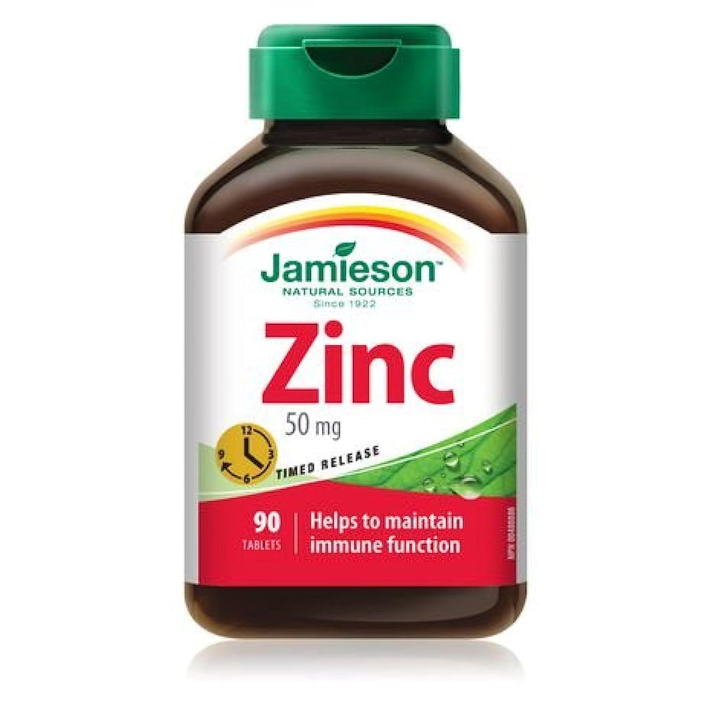 Jamieson Zinc 50 mg supplement bottle with 90 tablets