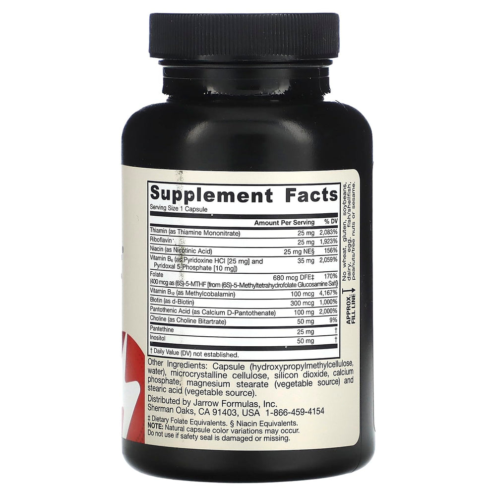 Close-up of Jarrow B-Right bottle label highlighting low-odor vitamin B-complex