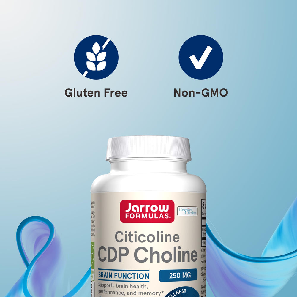 Non-GMO and gluten-free label on Jarrow CDP Choline packaging