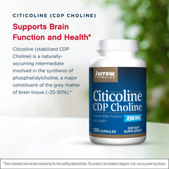Close-up of yellow CDP Choline capsules in bottle
