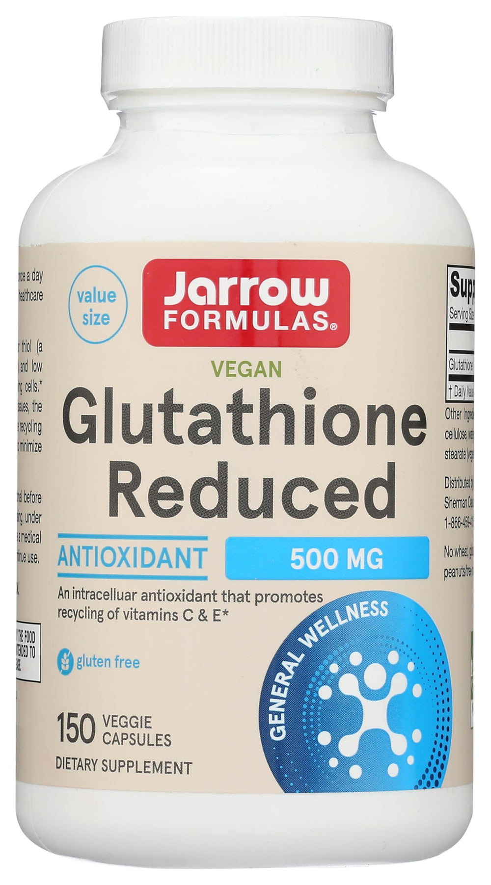 Jarrow Formulas Glutathione Reduced 500 mg bottle with 150 veggie capsules