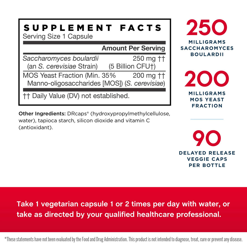 Back label of Jarrow Saccharomyces Boulardii + MOS 2-Pack