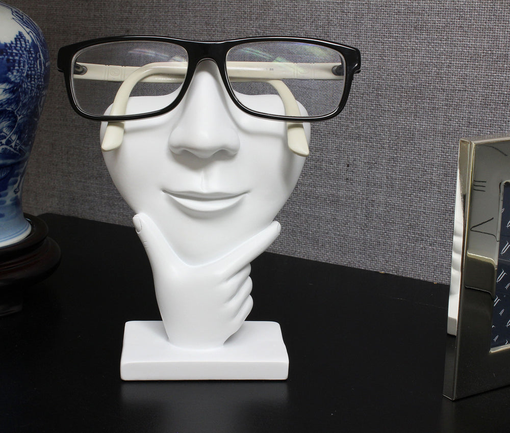 White Artsy Face Eyeglass Holder Stand with Sculpted Nose