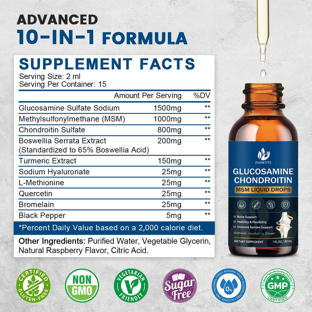 Back label and packaging of JIANKYTZ Glucosamine Chondroitin MSM Liquid Drops