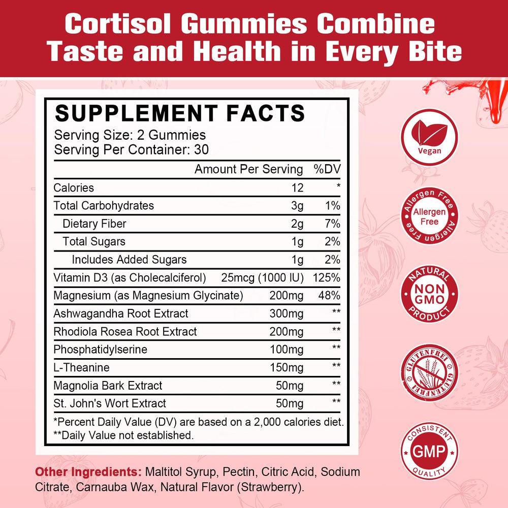 Cortisol gummies featuring Ashwagandha and Rhodiola root extracts