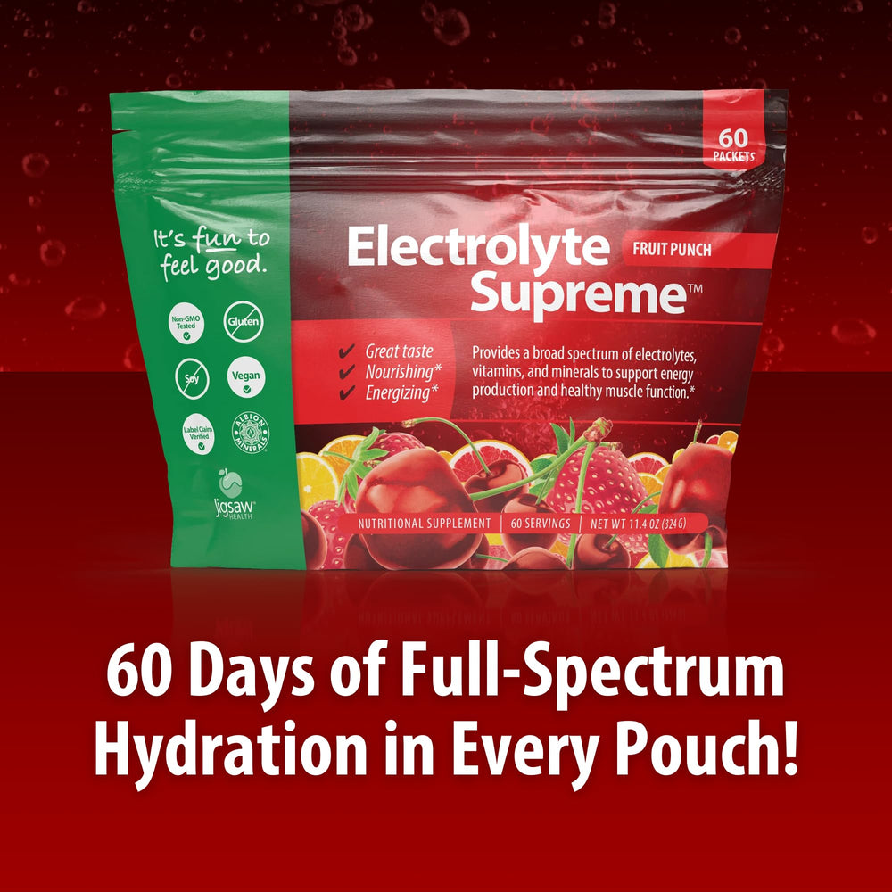 Jigsaw Health Electrolyte Supreme 60-servings bag highlighting value and electrolytes