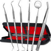 Jimy 6-piece dental cleaning kit with stainless steel scaler, tweezers, and mouth mirror