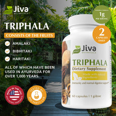 Close-up of Triphala capsules in the bottle