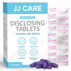 JJ Care plaque disclosing tablets 120-count packaging for kids and adults