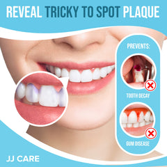 Individually wrapped JJ Care plaque disclosing tablets in packaging