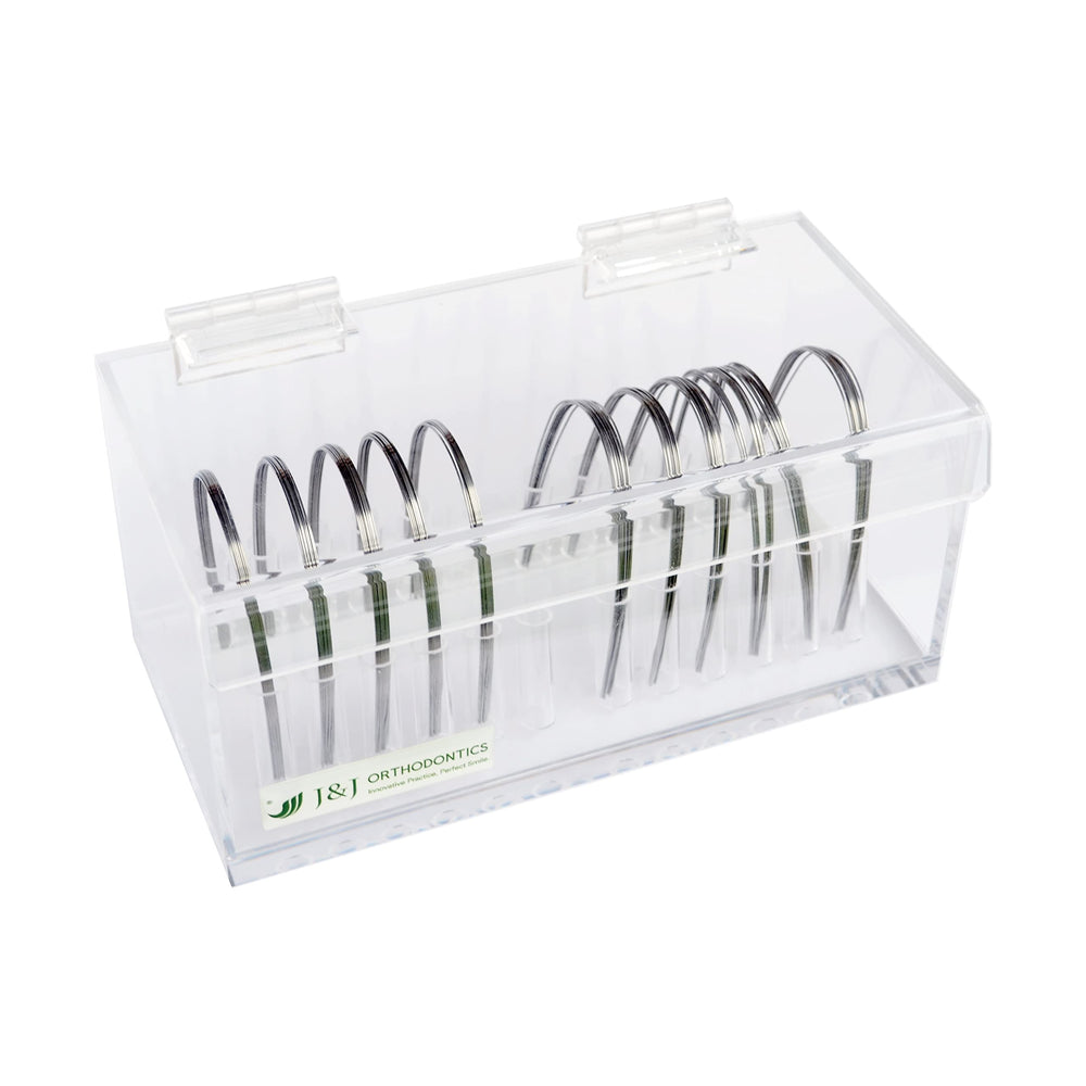 Clear acrylic J&J Ortho arch wire holder organizer box with lid, front view