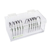 Clear acrylic J&J Ortho arch wire holder organizer box with lid, front view