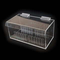 Side view highlighting transparent acrylic construction and lid