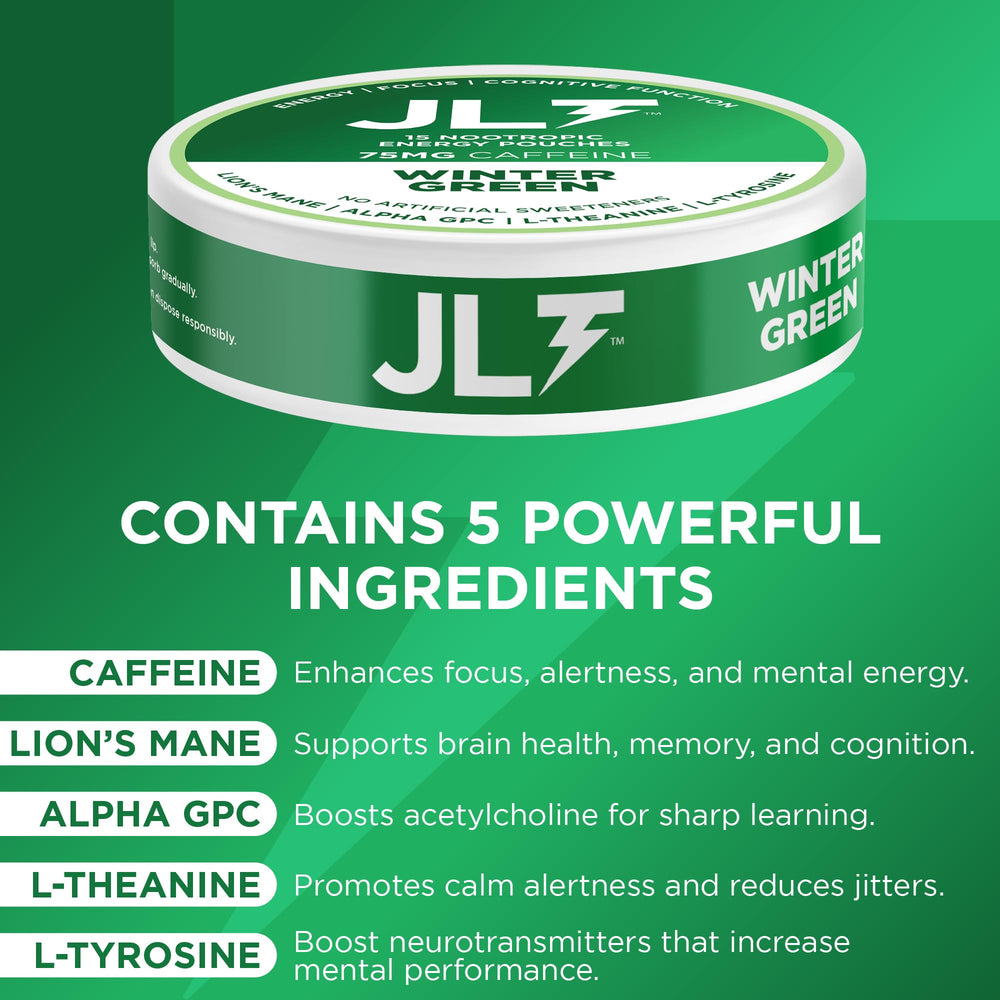 JLT Energy Alpha GPC/L-Tyrosine/L-Theanine pouch emphasizes calm focus and motivation during work