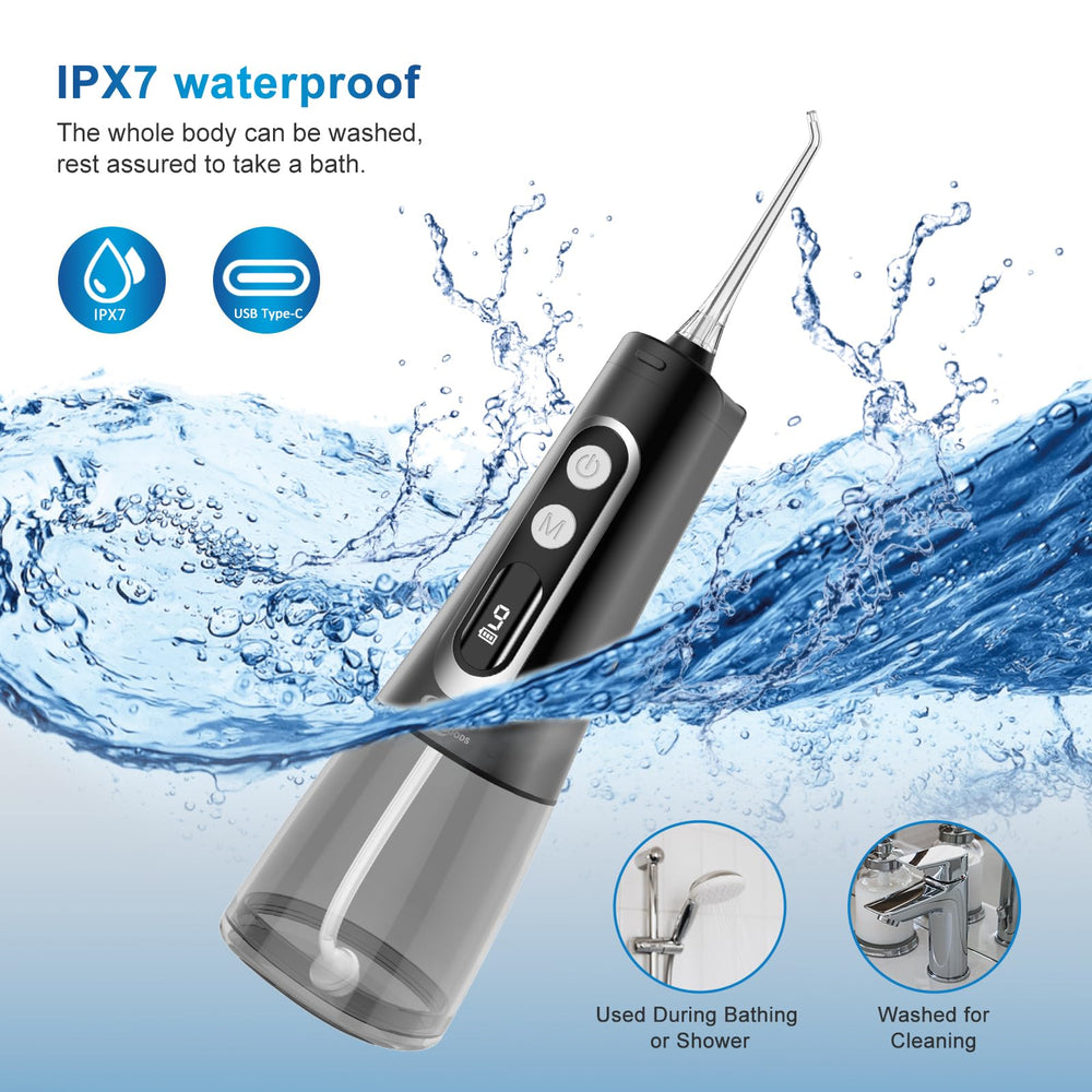 JNGOODS water flosser in black on bathroom counter