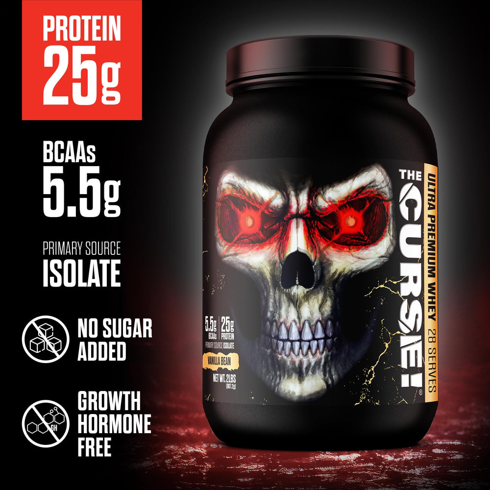 JNX SPORTS The Curse! vanilla bean nutrition panel showing 25g protein per serving