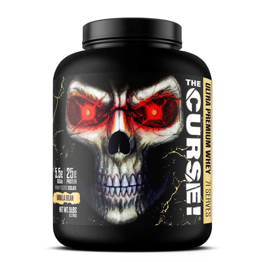 JNX Sports The Curse ultra premium whey vanilla bean bottle showing lean muscle support