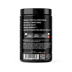 Close-up of ingredients list featuring spirulina, wheat grass, and chlorella