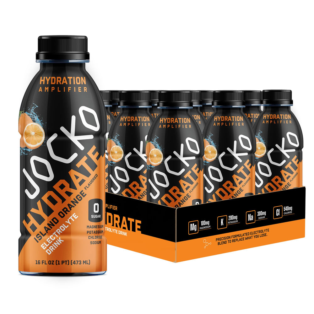 Jocko Fuel Hydrate Island Orange 16oz bottle - front view