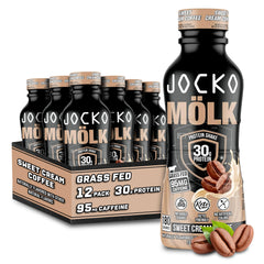 Front view of Jocko Fuel Mölk 30g grass-fed protein shakes bottle (Sweet Cream Coffee flavor)