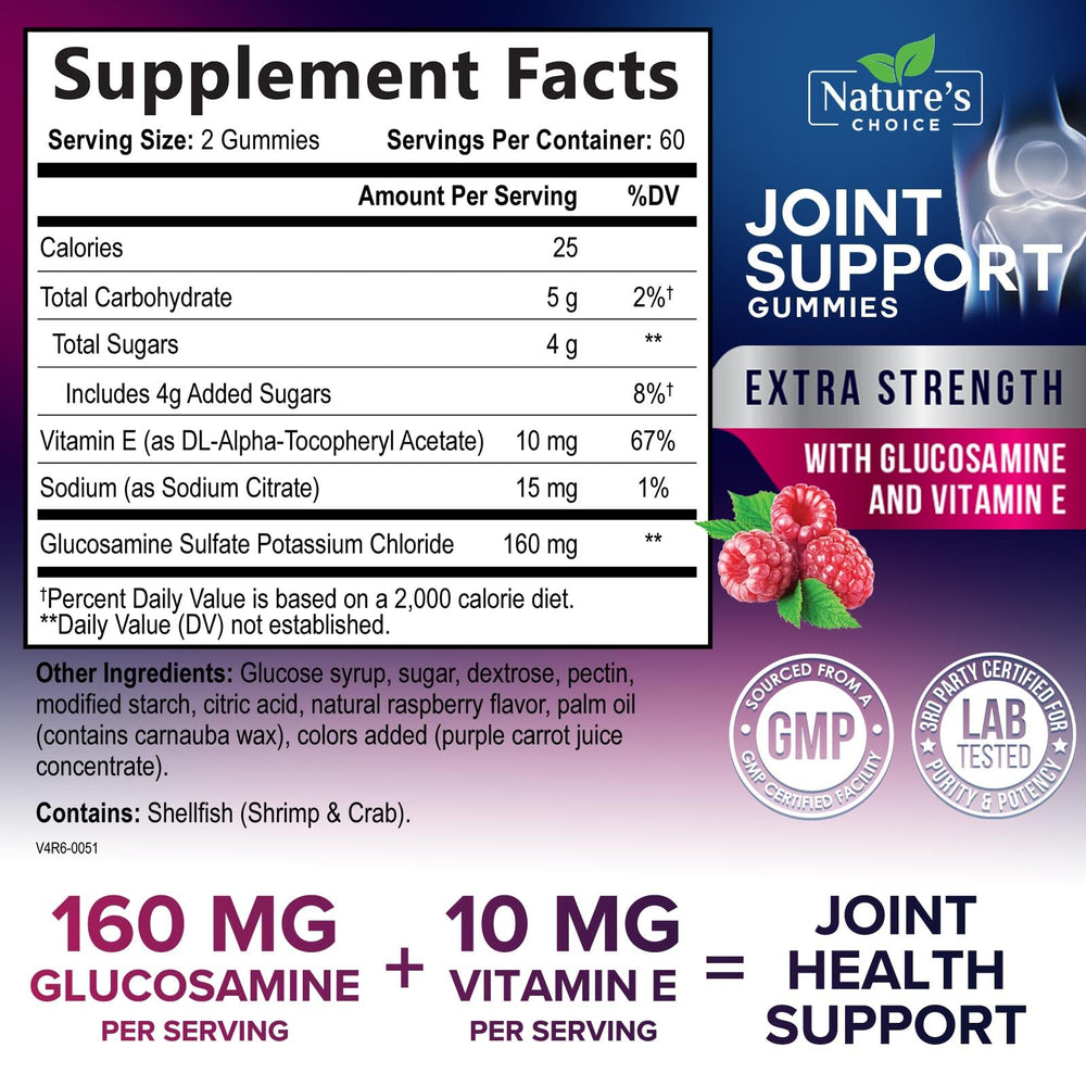 Close-up of glucosamine gummy and Vitamin E capsule