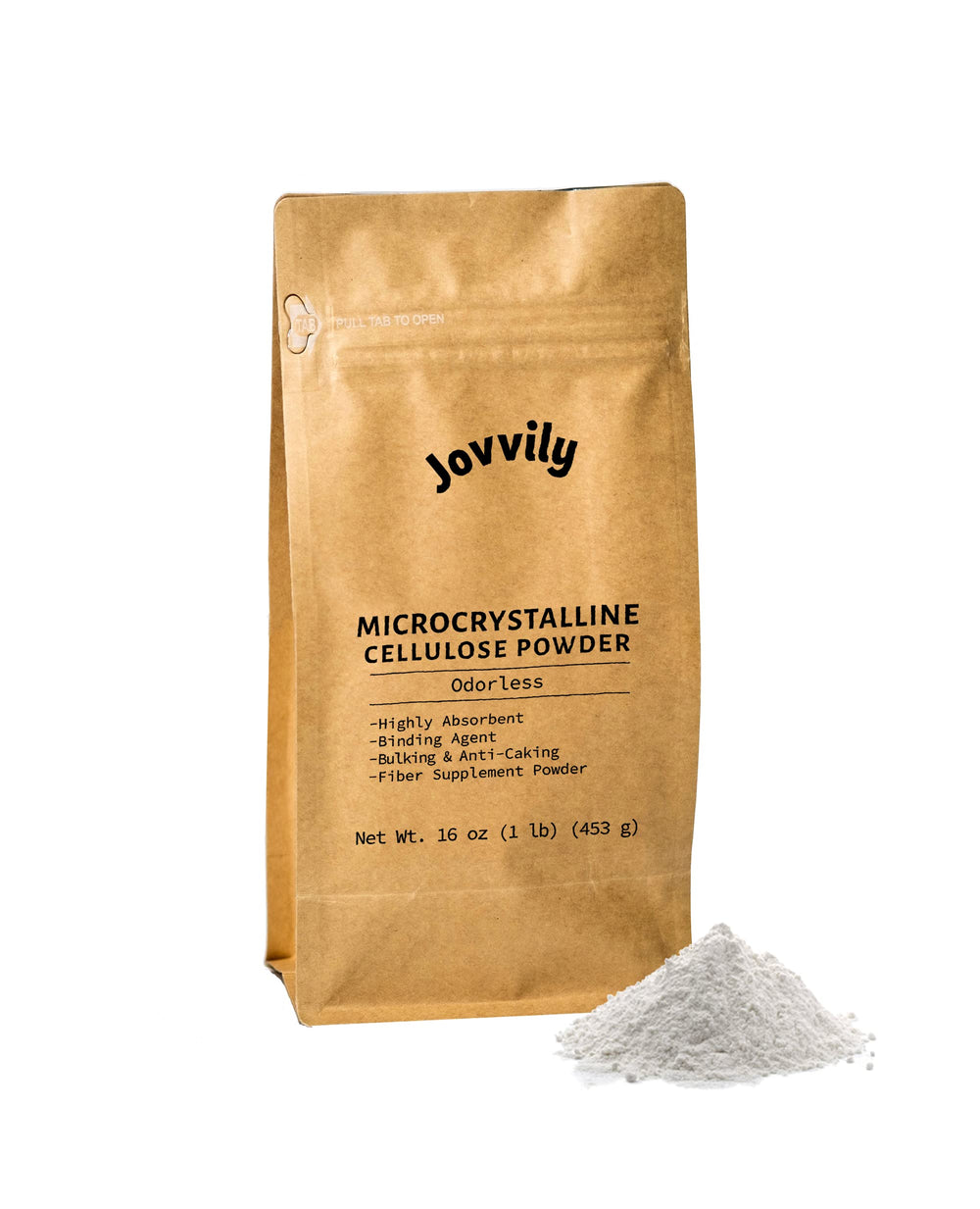 Jovvily Microcrystalline Cellulose powder in a resealable bag for clean binding in recipes