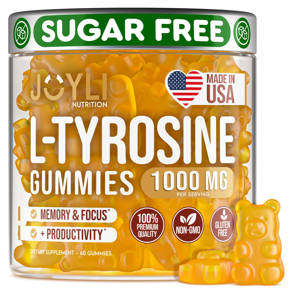Front view of Joyli L Tyrosine Gummies bottle with vegan and gluten-free claim