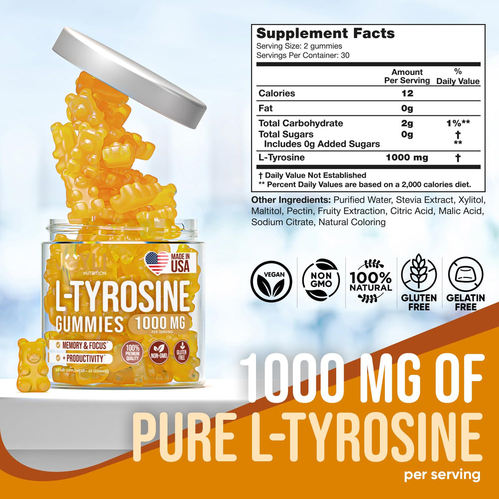 Serving of Joyli L Tyrosine Gummies highlighting 1000mg L-Tyrosine per serving