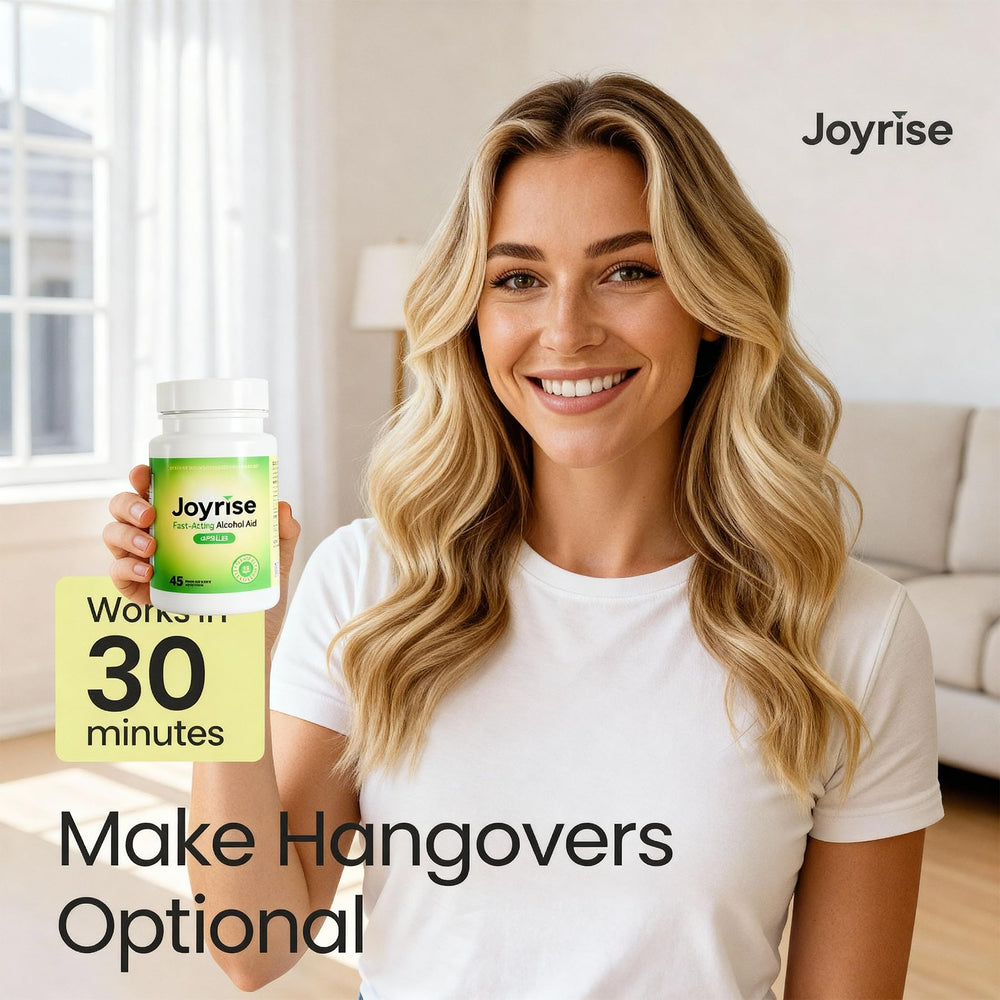 Lifestyle scene of someone taking Joyrise capsules after a night out