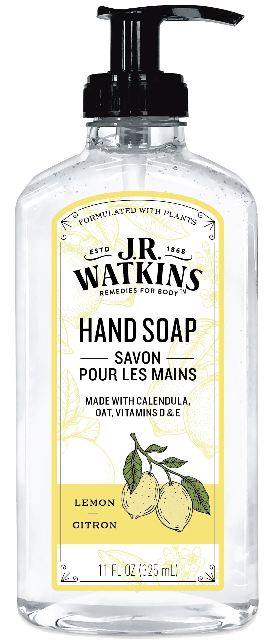Front view of J.R. Watkins Naturals Lemon Hand Soap bottle, Clear 11 oz.