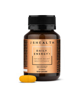 JSHealth Daily Energy Supplement bottle shows steady energy for busy mornings.