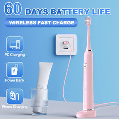 Contents: handle, six brush heads, travel case, USB charging base