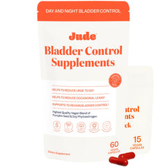 Bottle of Jude bladder control supplements for women on a white background