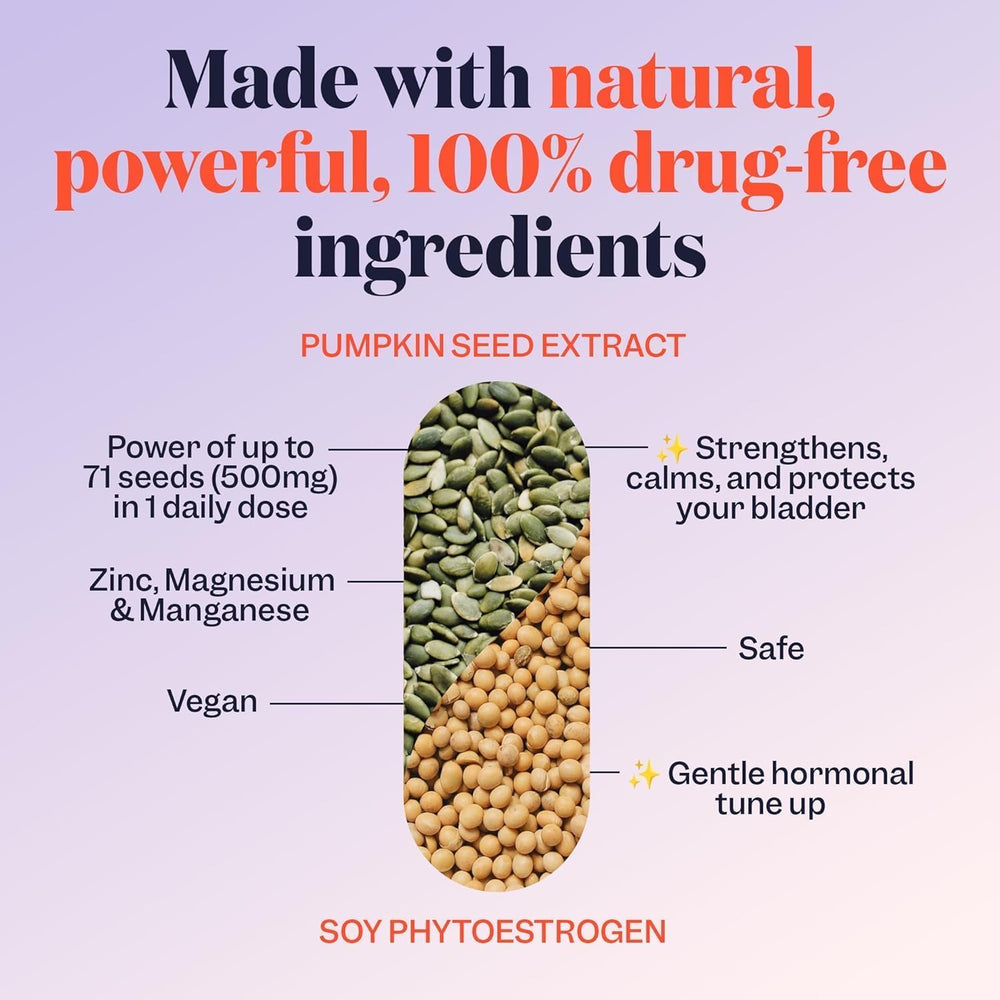 Close-up of Jude bladder control tablet showing natural ingredients