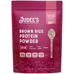 Judee's Brown Rice Protein powder bottle for gluten-free shakes and meals.