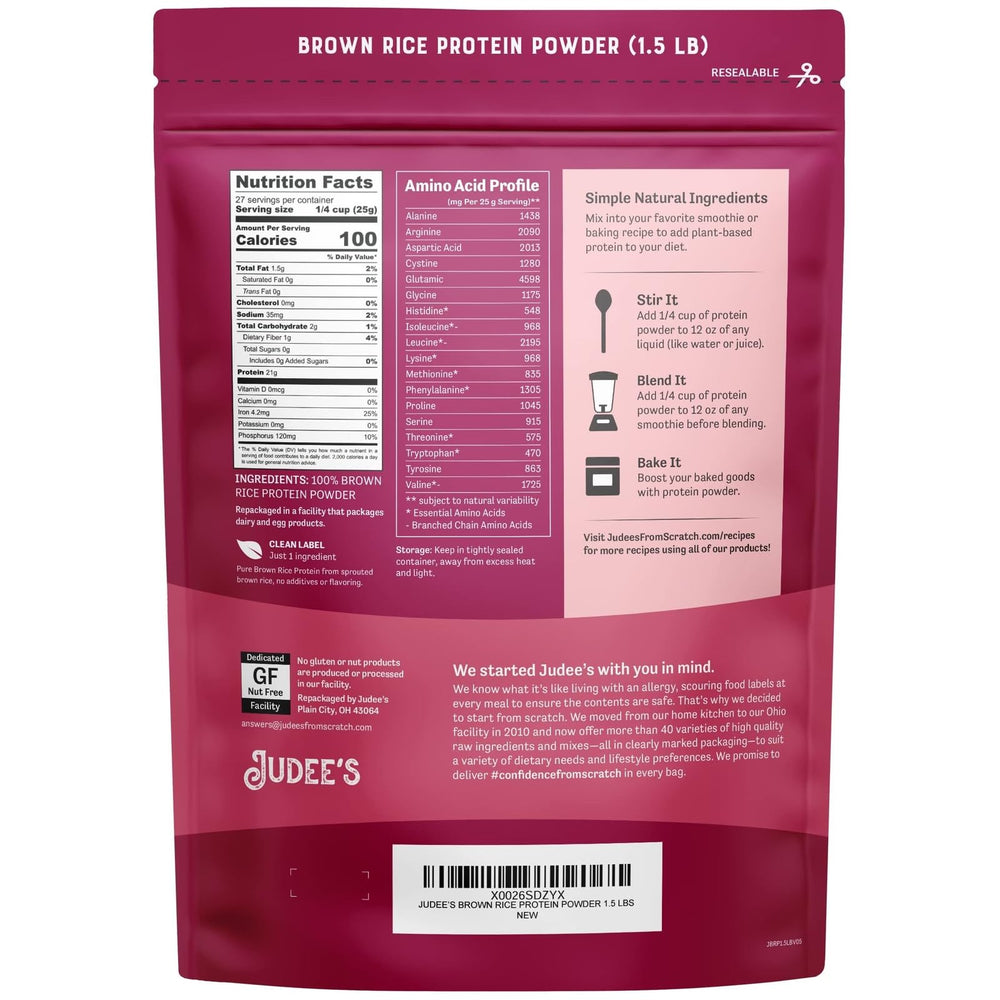 Judee's Brown Rice Protein powder scoop for easy portioning in smoothies.