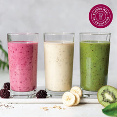 Judee's Brown Rice Protein smoothie visual emphasizing versatile blends.