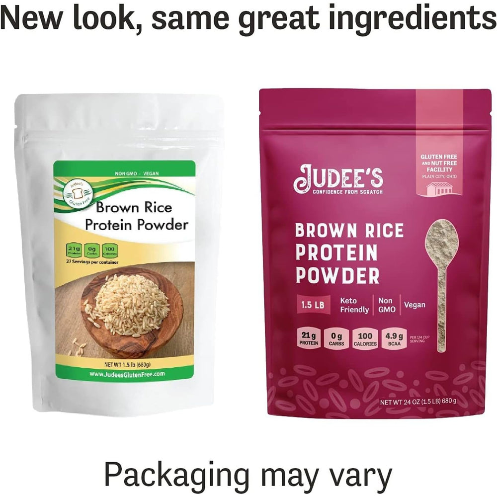 Judee's Brown Rice Protein unflavored pouch showing resealable freshness capability.