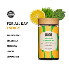 JUGO B12 gummies kale-spirulina closeup highlighting greens-based energy