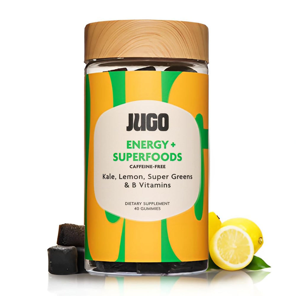 JUGO Energy + Superfoods bottle-front showing caffeine-free vitality for busy mornings